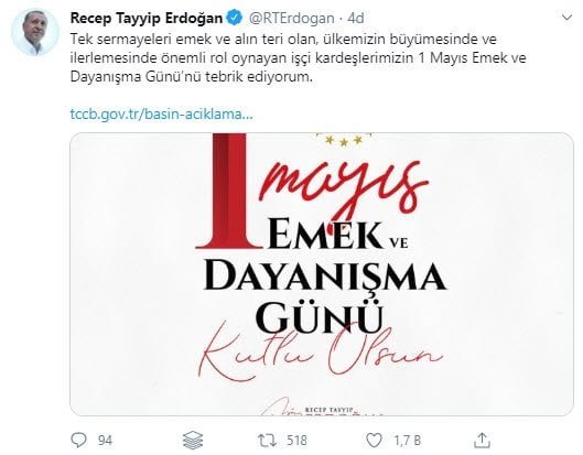 Başkan Erdoğan'dan 1 Mayıs Mesajı